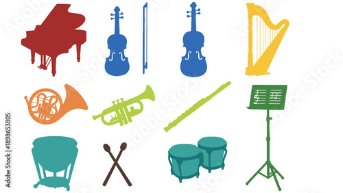 A colorful illustration of various musical instruments on a white background