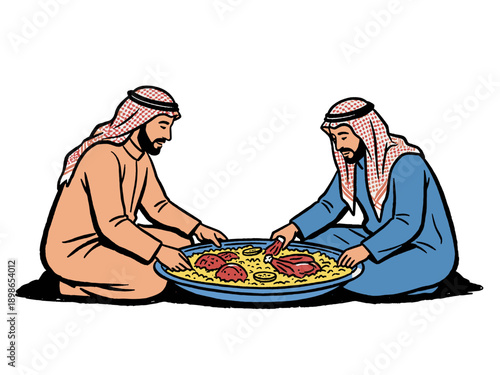 Middle Eastern men eating traditional Arabian food (Kabsa/Mandi) from a communal platter. Sharing meal culture illustration.