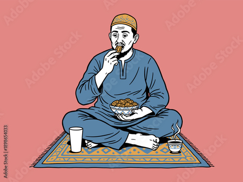 Iftar meal during Ramadan. Muslim man sitting on prayer rug eating dates and drinking water. Islamic culture illustration.