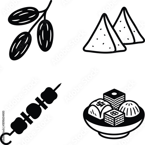 A black and white illustration of various international foods and snacks