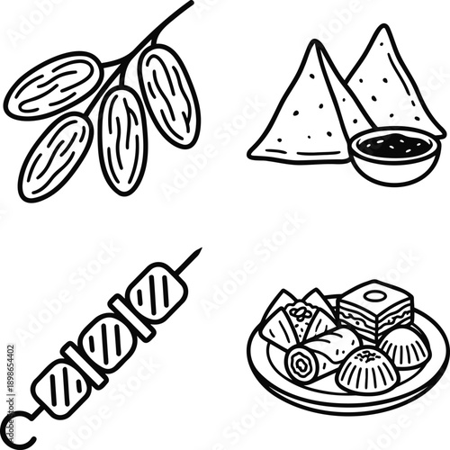 A black and white illustration of various traditional foods and snacks