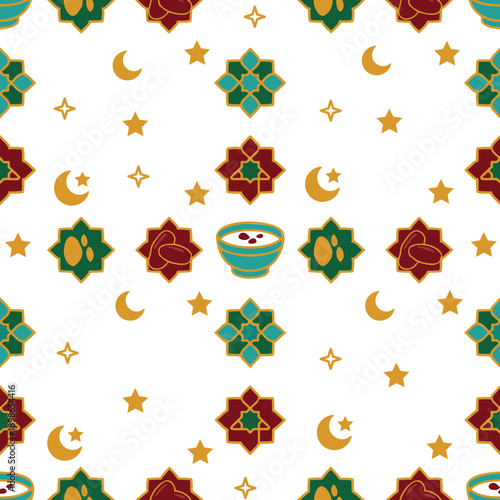 A colorful pattern of traditional Middle Eastern sweets and symbols for Ramadan