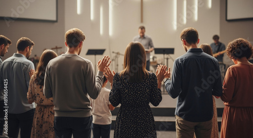 A congregation engaged in Easter church worship with hands raised in praise during a service. For community websites, religious articles, and content about faith.