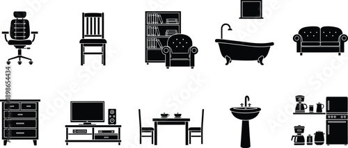 Home furniture and interior icon set in solid silhouette style, featuring chairs, sofa, bathtub, bookshelf, kitchen and living room elements for interior design concepts.