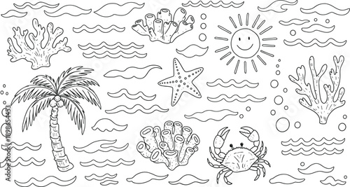Black and White Tropical Ocean Illustration Set Featuring Hand Drawn Outlines of Palm Tree Coral Reef Starfish Crab Smiling Sun and Sea Waves for Coloring