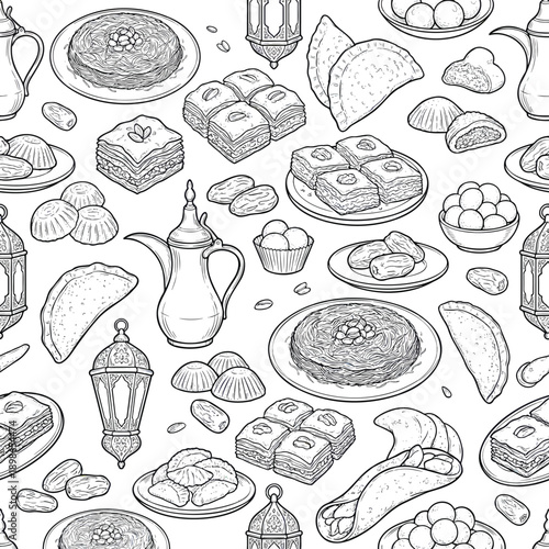 A black and white illustration of various desserts and tea items arranged in a pattern