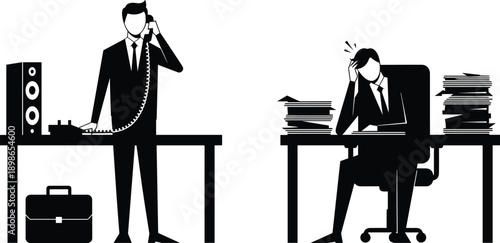 Business stress concept illustration showing overworked office employees, deadline pressure, multitasking, paperwork overload, corporate workplace problems, black vector design