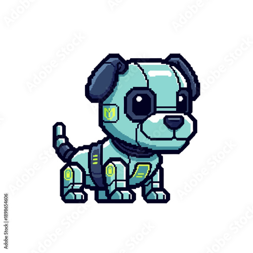 Adorable pixel art illustration of a small robotic dog.