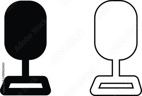 Microphone Audio Equipment Black Flat Line Style Vector Icon Set, Sound Recording Symbol Collection and Music Podcast Outline Graphic Group Featuring Mic, Headset and Earphone