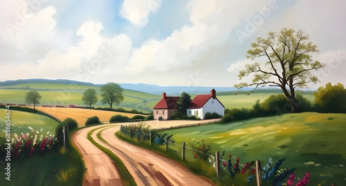 rural, countryside, village, hamlet, road, lane, pathway, houses, cottages, homes, fields, farmland, meadows, hills, trees, greenery, nature, scenery, scenic, tranquil, peaceful, calm, serene, idyllic