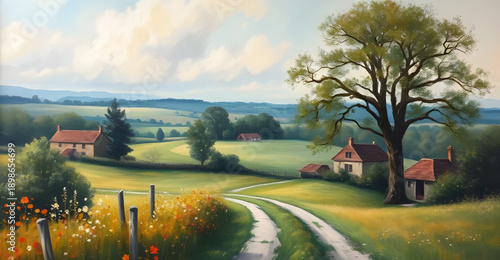 rural, countryside, village, hamlet, road, lane, pathway, houses, cottages, homes, fields, farmland, meadows, hills, trees, greenery, nature, scenery, scenic, tranquil, peaceful, calm, serene, idyllic