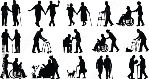 Comprehensive collection of elderly people silhouettes featuring senior citizens with walkers, wheelchairs, and caregivers in various assisted living, retirement home, and geriatric care situations.