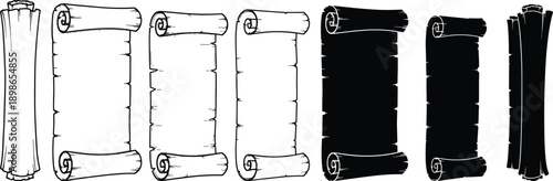 Hand drawn parchment scroll banner set in vintage sketch and silhouette styles, featuring rolled paper frames ideal for medieval, antique, history, manuscript and decorative design projects.