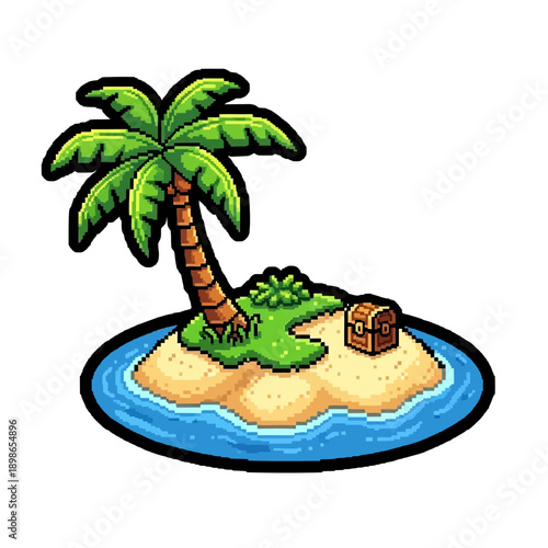 Pixel art illustration of a tropical desert island with a palm tree and treasure chest.