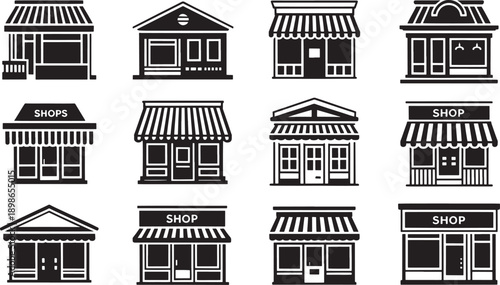 Black and white of various shop facades store building