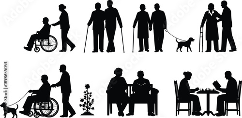 Comprehensive vector collection of elderly people silhouettes featuring senior citizens in wheelchairs, walking with canes, strolling with service