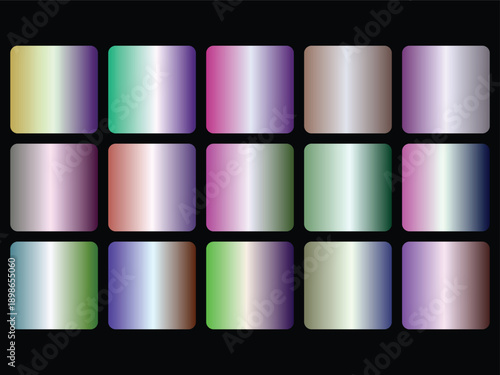 Fifteen rounded square gradient color swatches with smooth transitions displayed in a 3x5 grid on