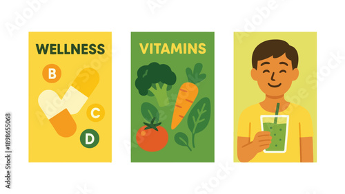 A colorful illustration promoting wellness and vitamins with healthy food and drink