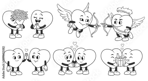 Black and White Valentine's Day Heart Mascot Set Featuring Hand Drawn Outlines of Cupid Heart Characters with Bow and Arrow Flowers and Gift Boxes