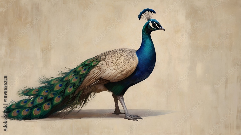 Fototapeta premium peacock full body, soft blended oil strokes, graceful posture, solid pastel beige background,