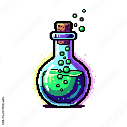 Pixel art illustration of a green bubbling magic potion bottle.
