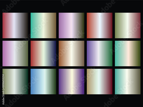 Fifteen square gradient color swatches with smooth transitions displayed in a 3x5 grid on black
