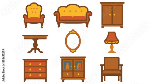 A collection of various furniture pieces on a white background