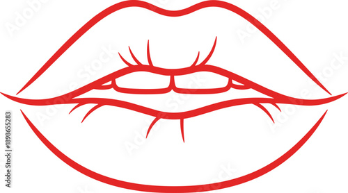 Red lips line art illustration with sensual open mouth and teeth, minimalist beauty icon ideal for fashion, cosmetics, makeup branding, tattoo, logo and graphic design concepts.