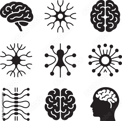 Brain icons, neural network, human mind, artificial intelligence, neurology system, mental health concept.