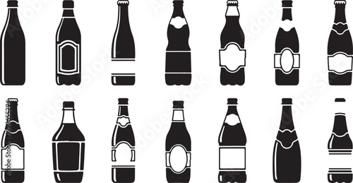Beverage packaging silhouette vector illustration set, soda can plastic glass bottle icons