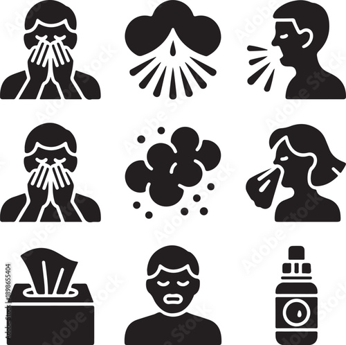Flu icons, sick person, allergy sneeze, cold cough, health problem, virus infection symptoms.