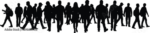 Crowd of people silhouette walking together, urban society movement, diversity and population concept, city lifestyle, black vector illustration isolated background