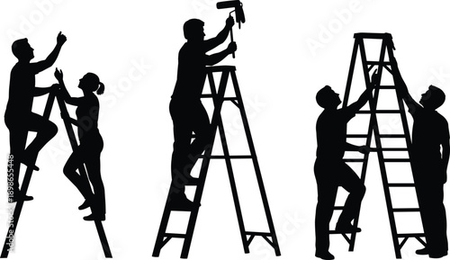 Set of manual worker silhouettes including painters and construction staff climbing ladders and using rollers for home renovation and professional maintenance on white background