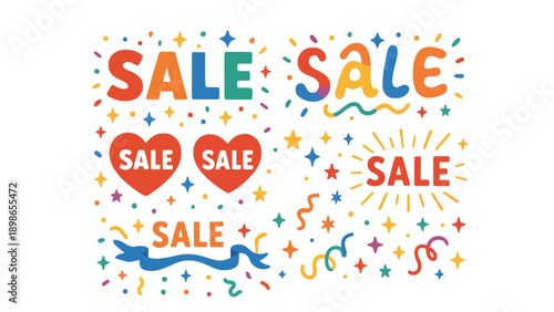 A colorful sale advertisement with confetti and stars on a white background