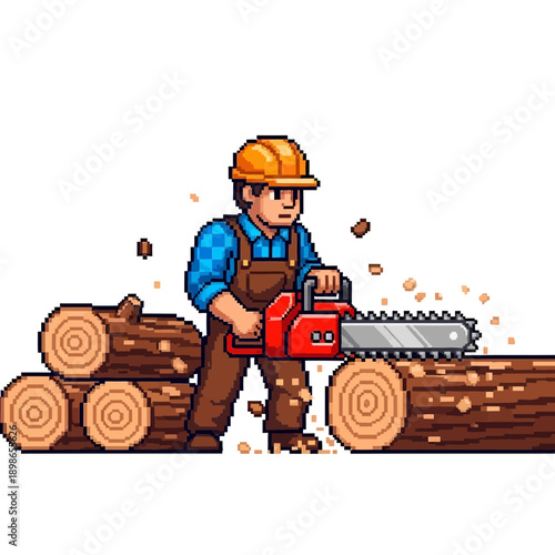 Lumberjack wearing hard hat cuts log with chainsaw near stacked wood.
