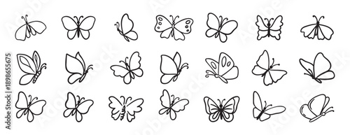 butterfly doodle hand drawn icon set. Outline drawing butterfly line clipart symbol collection