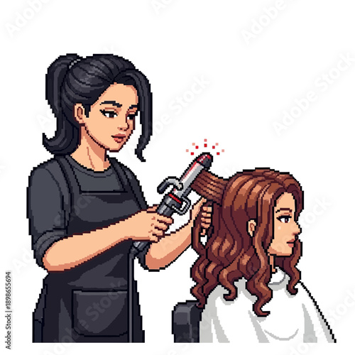 Stylist drying client's long brown hair with a hairdryer.