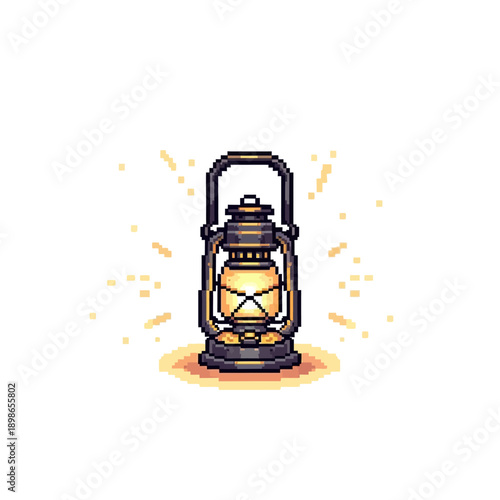 Vintage kerosene lantern glowing with warm light pixel art illustration.