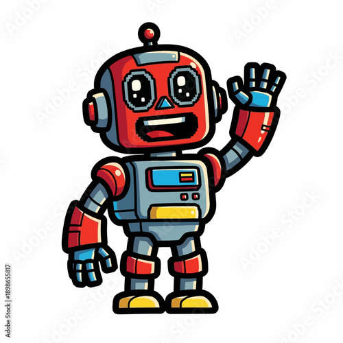Cute cartoon robot waving hello with a friendly smile.