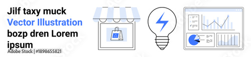 Online store under striped canopy, lightbulb with lightning indicating innovation, and analytical dashboard with graphs. Ideal for e-commerce, startups, innovation, analytics, strategy, marketing