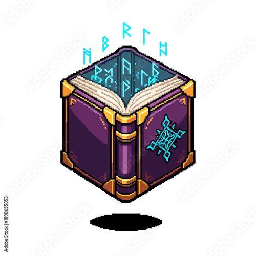 Isometric pixel art magic book with glowing runes.