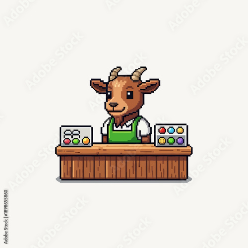 Cartoon goat wearing apron behind a counter with goods.