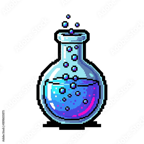 Pixel art illustration of a bubbling magic potion flask.