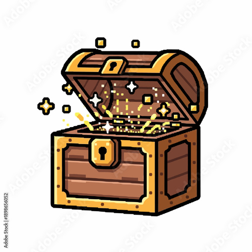 Sparkling Treasure Chest with Gold Coins and Gems.