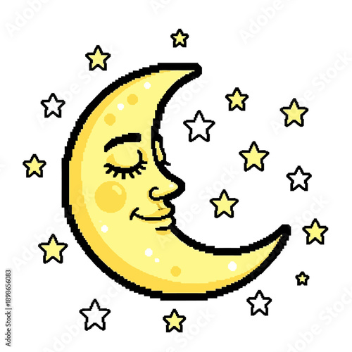 Pixel art illustration of a cute sleeping crescent moon with stars.