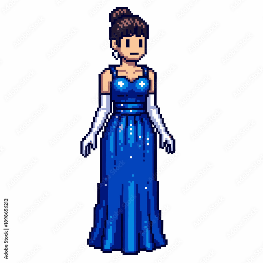 Obraz premium Woman in a blue formal gown and white gloves stands with arms at sides.