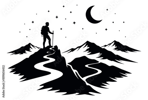 Graphic silhouette illustration of a hiker on a mountain peak depicting a starry night with a crescent moon for outdoor adventure