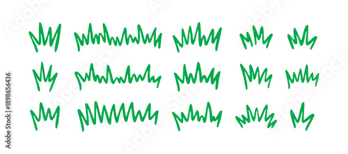Grass silhouette Hand drawn doodle set. Lawn bush of green line grass in sketch drawing style. 