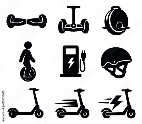 Modern icon set featuring electric scooters, unicycles, hoverboards, segways, a charging station, and a safety helmet for sustainable urban mobility