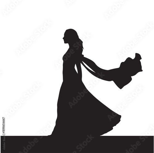 Elegant Woman Silhouette in Flowing Dress with Scarf, Black and White Vector Illustration